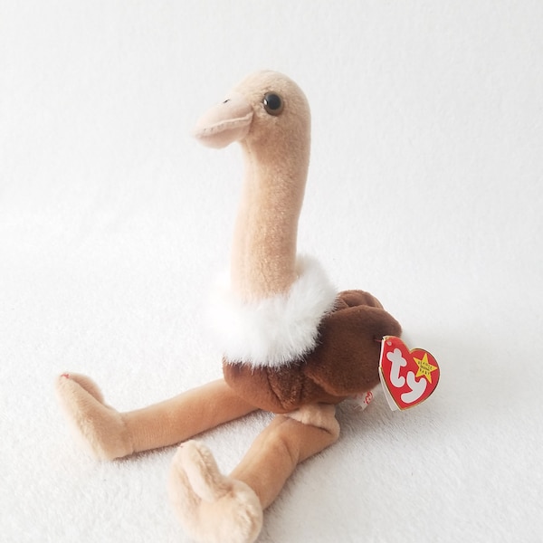 Stretch TY Original Retired Rare Beanie Baby 1997, pe Pellets, Reg No PA 1965 (KR) - Ostrich plush toy - 5th generation swing tag, tag error