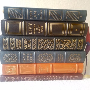 Könnte beinhalten: Ein Stapel von acht gebundenen Büchern mit goldenen Schriftzügen auf den Rücken. Die Titel lauten "Lord Jim", "Livius Geschichte des frühen Roms", "Moby Dick", "Onkel Toms Hütte", "Paradise Lost" und "Äsops Fabeln".
