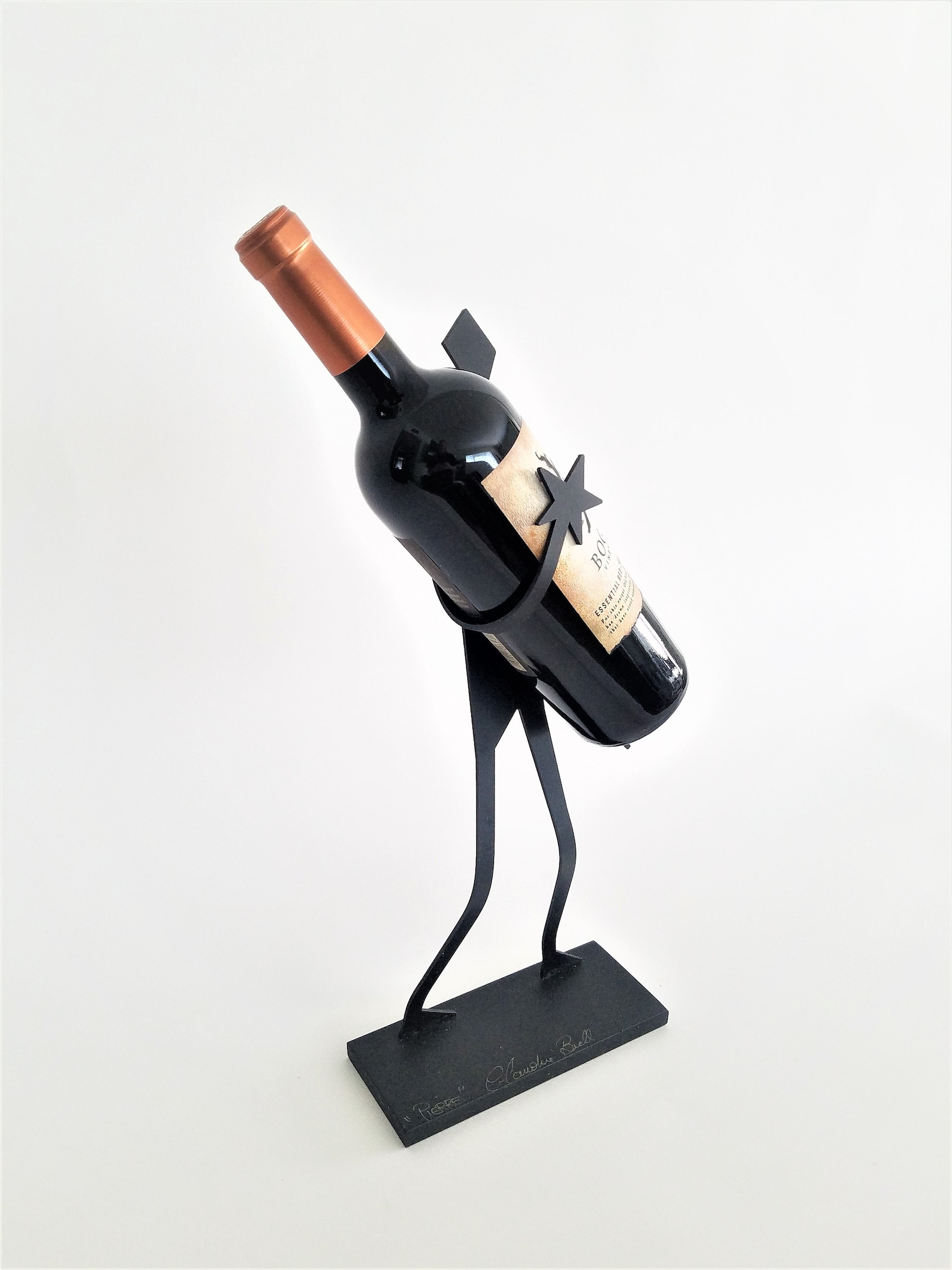 Metal Wine Bottle Holder, Hand Made Person Silhoutte With Red Heart on