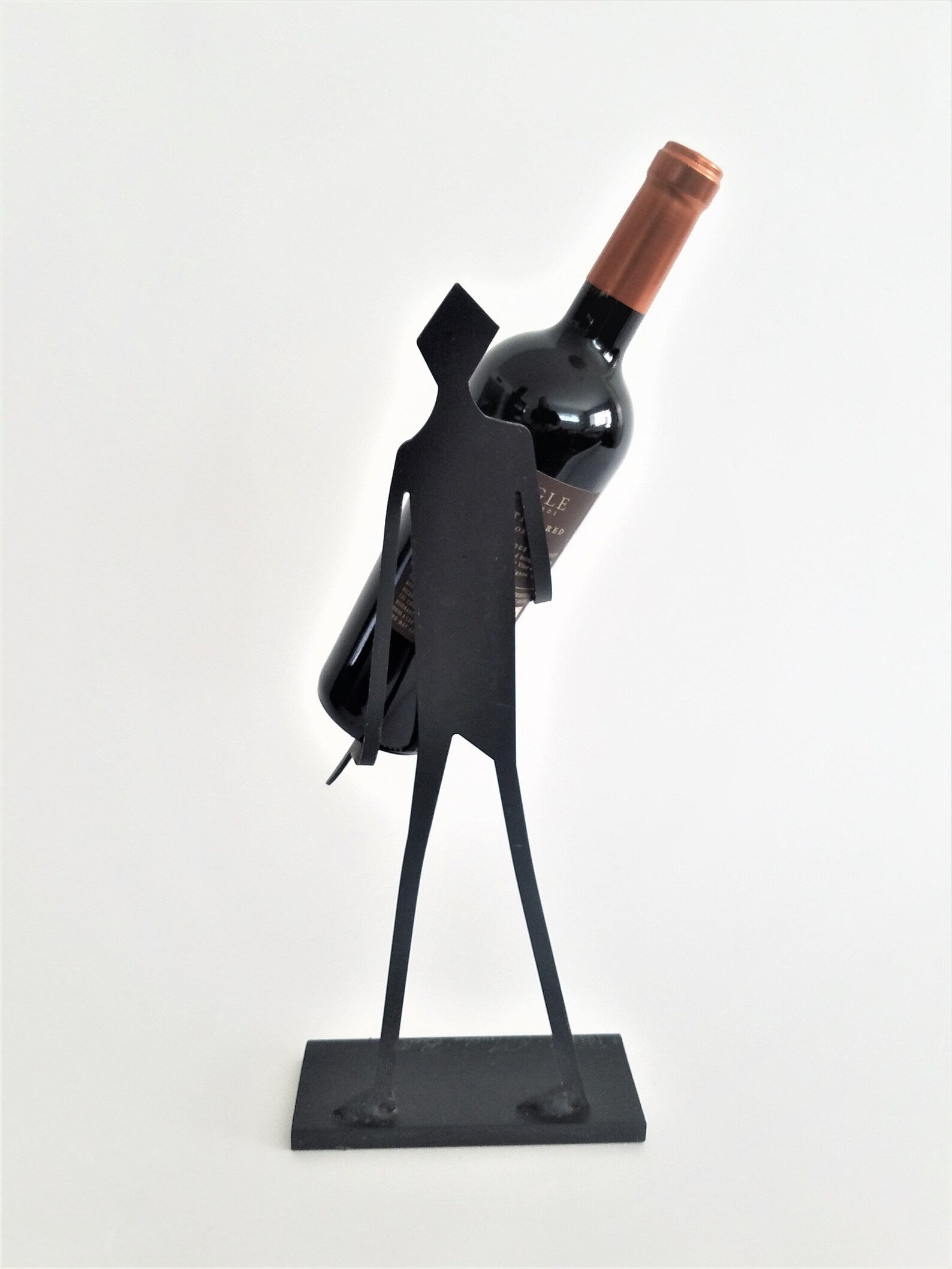 Metal Wine Bottle Holder, Hand Made Person Silhoutte With Red Heart on