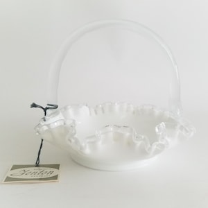 Authentic Hand Made Fenton Glass White Basket - Unique Gift, blown glass, one of a kind glass art, fenton art glass company