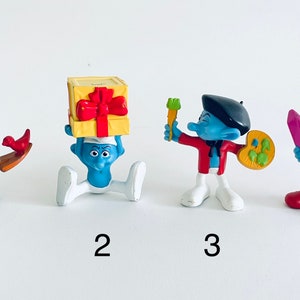 Smurfs figurine toys, papa smurf, grouchy, clumsy, brainy, childhood nostalgia, collectors toys, Peyo