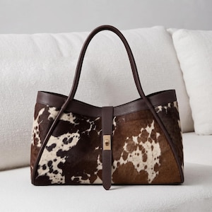 Large Cowhide Leather Tote, Western Work Shoulder Bag, Handmade Hair-On-Hide Handbag, Leather Purse Women