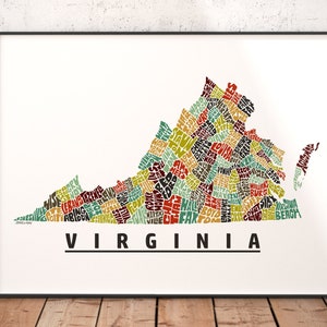 Virginia map art, Virginia art print, signed print of my original hand drawn Virginia map art