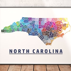 North Carolina art print, North Carolina map art, signed print of my original hand drawn North Carolina map art