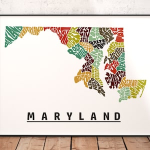 Maryland map art, Maryland art print, signed print of my original hand drawn Maryland map art