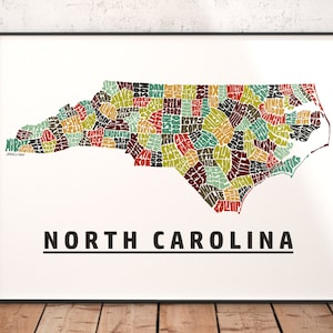 North Carolina map art, North Carolina art print, signed print of my original hand drawn North Carolina map art