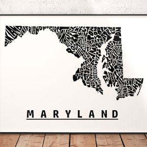 Maryland Map, Maryland Art, Maryland Print, signed print of my original Maryland typography map art
