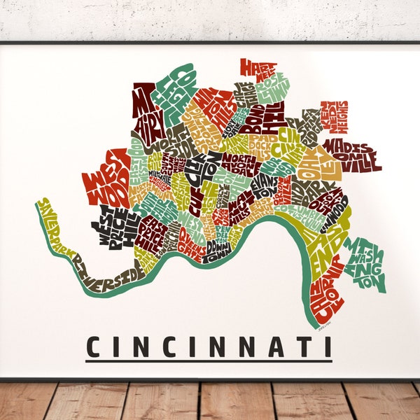 Cincinnati neighborhood map print, signed print of my original hand drawn Cincinnati map art