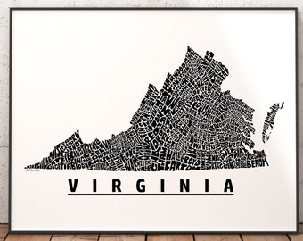 Virginia Map, Virginia Art, Virginia Print, signed print of my original Virginia typography map art