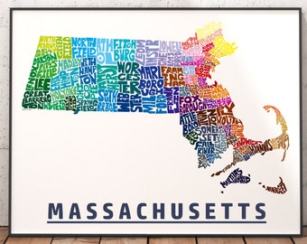 Massachusetts art print, Massachusetts map art, signed print of my original hand drawn Massachusetts map art