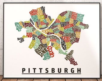 Pittsburgh Neighborhood Map Print, signed print of my original hand drawn Pittsburgh map art