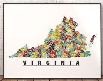 Virginia map art, Virginia art print, signed print of my original hand drawn Virginia map art