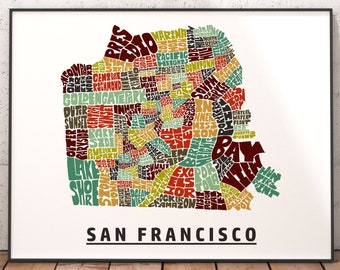 San Francisco Neighborhood Map Print, signed print of my original hand drawn San Francisco map art