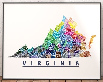 Virginia art print, Virginia map art, signed print of my original hand drawn Virginia map art