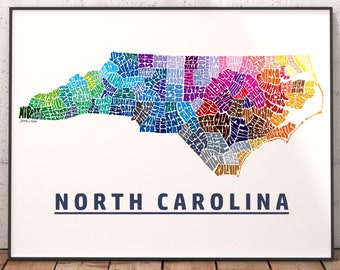 North Carolina art print, North Carolina map art, signed print of my original hand drawn North Carolina map art