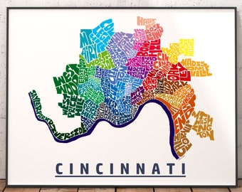 Cincinnati neighborhood map print, signed print of my original Cincinnati map art typography