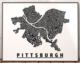 Pittsburgh Neighborhood Map Print, signed print of my original Pittsburgh typography map art