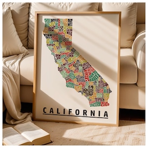 Framed California map art print, California art print, Multiple sizes, color schemes & frame options available, California map print