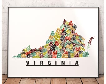 Virginia map art, Virginia art print, signed print of my original hand drawn Virginia typography art, Virginia gift, Virginia decor