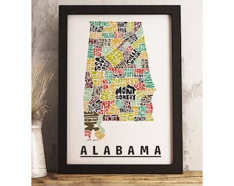 Alabama map art FRAMED, available in several colors and sizes, Alabama art print, Alabama map print, Alabama decor