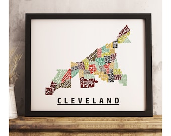 Cleveland neighborhood map art FRAMED, available in several colors and sizes, Cleveland art print, Cleveland map art, Cleveland decor