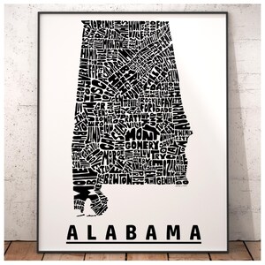 Alabama map art, Alabama art print, print of my original hand drawn Alabama typography, Alabama gift, multiple colors available