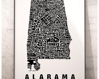 Alabama map art, Alabama art print, print of my original hand drawn Alabama typography, Alabama gift, multiple colors available