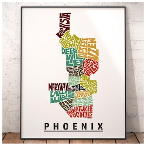 Phoenix neighborhood map print, signed print of my original hand drawn Phoenix map art, Phoenix gift