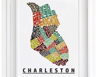 Charleston neighborhood map print, Charleston map art print, Several Colors and Sizes Available, Hand-lettered map of Charleston poster