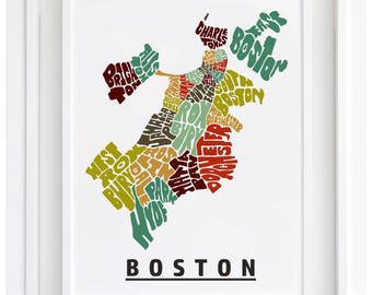 Boston neighborhood map print, Boston map art print signed, Several Colors and Sizes Available, Hand-lettered map of Boston poster