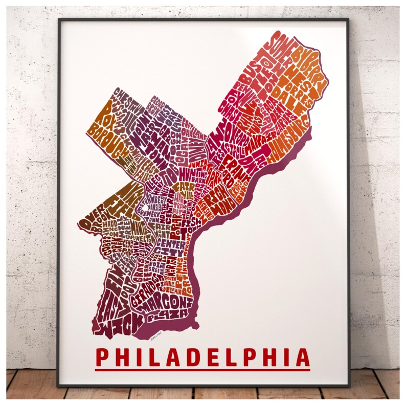 Philadelphia neighborhood map art print, Philadelphia gift, print of my original hand drawn Philadelphia typography art, many colors avail Red Tones