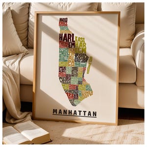 Framed Manhattan neighborhoods map art print, Multiple sizes, color schemes & frame options available, Manhattan art print, Manhattan gift image 1