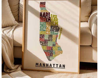 Framed Manhattan neighborhoods map art print, Multiple sizes, color schemes & frame options available, Manhattan art print, Manhattan gift