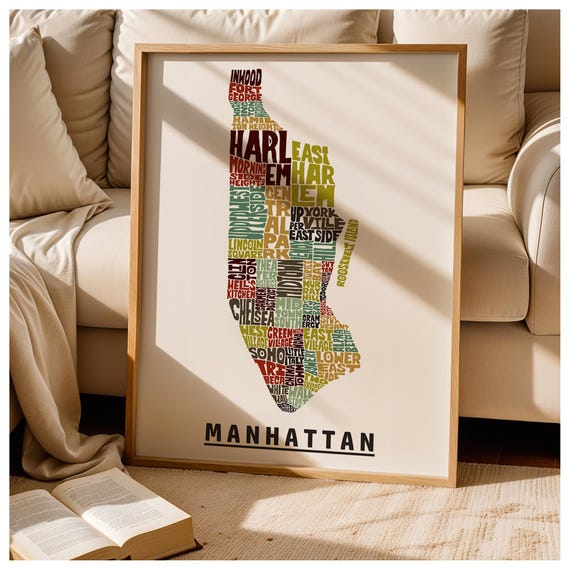 Framed Manhattan neighborhoods map art print, Multiple sizes, color schemes & frame options available, Manhattan art print, Manhattan gift
