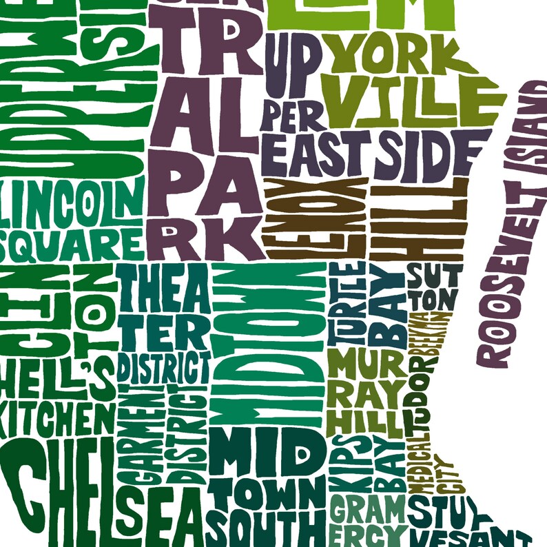 May include: A green, brown and purple word art map of New York City. The map is made up of words that represent different neighbourhoods and landmarks in the city. Some of the words include "Upper West Side", "East Side", "Central Park", "Chelsea", "Midtown", "Greenwich Village", "Roosevelt Island", and "Murray Hill".