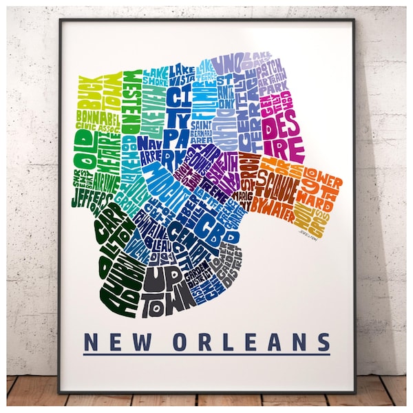 New Orleans neighborhood map art print, signed print of my original hand drawn New Orleans typography art, New Orleans gift
