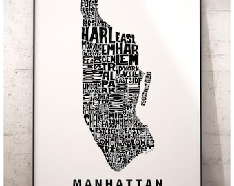 Manhattan neighborhood map art print, Manhattan gift, signed print of my original hand drawn Manhattan typography art, many colors available