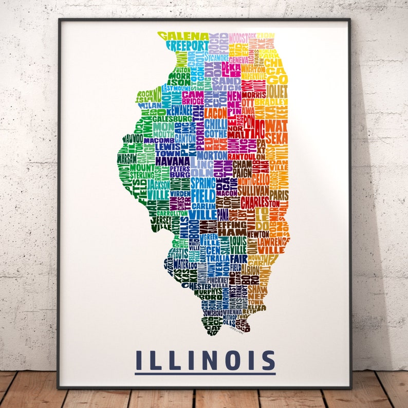 Illinois Map, Illinois Art, Illinois Print, signed print of my original Illinois typography map art Rainbow (pic 3)