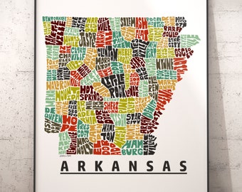 Arkansas map art, Arkansas art print, signed print of my original hand drawn Arkansas map art