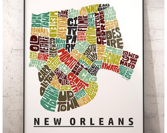 New Orleans neighborhood map print, signed print of my original hand drawn New Orleans map art, New Orleans gift