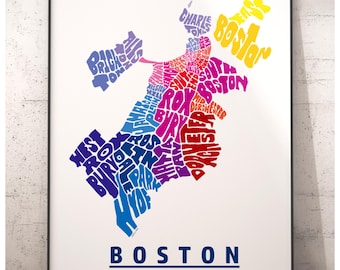 Boston neighborhood map art print, signed print of my original hand drawn Boston typography art, Boston gift
