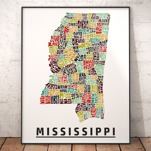 Mississippi map art, Mississippi art print, signed print of my original hand drawn Mississippi map art