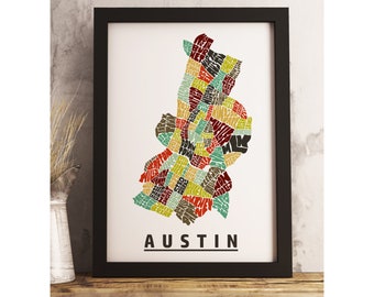 Austin neighborhood map art FRAMED, available in several colors and sizes, Austin art print, Austin map art, Austin decor