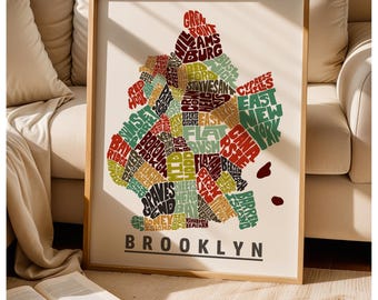 Framed Brooklyn neighborhoods map art print, Multiple sizes, color schemes & frame options available, Brooklyn art print, Brooklyn gift