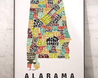 Alabama map art, Alabama art print, signed print of my original hand drawn Alabama map art