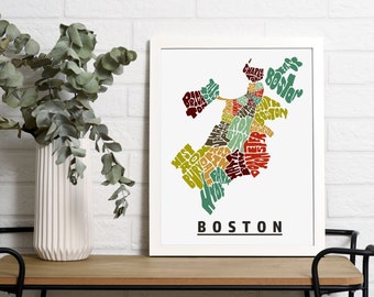 Framed Boston map art print, Available in several colors and sizes, Boston neighborhoods art print, Boston decor & wall art