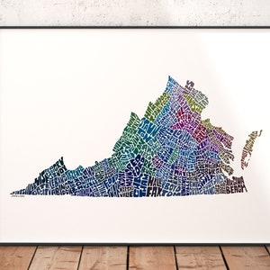 Virginia map art, Virginia decor, Virginia artwork, print of my original Virginia typography style map art Blue Tones