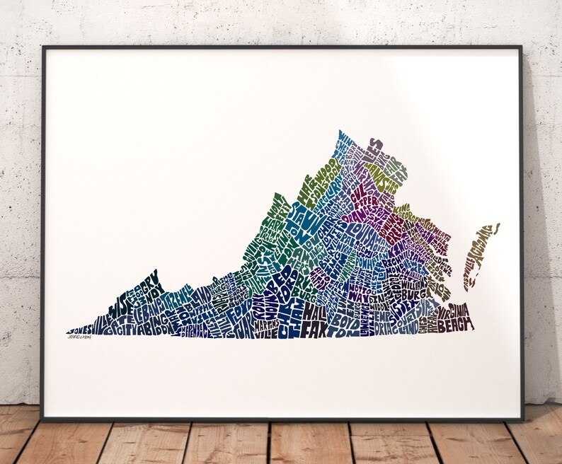 Virginia map art, Virginia decor, Virginia artwork, print of my original Virginia typography style map art Blue Tones