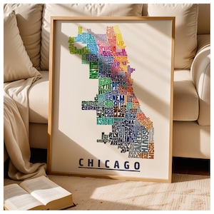 Framed Chicago neighborhoods map art print - multiple sizes, color schemes & frame options available - unique Chicago gift idea